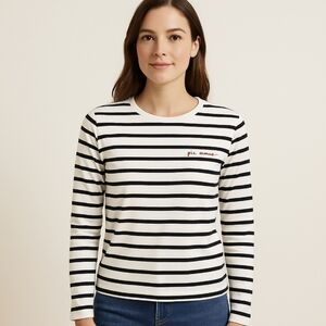 H&M Blue Striped Nautical Preppy Italian Piu Amore Phrase Pullover Top Sz M